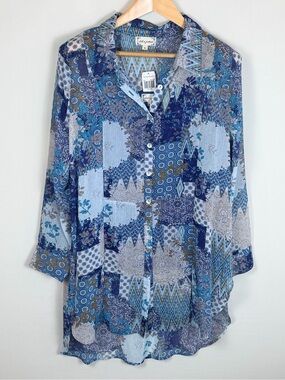 Cloth & Portrait Blue Patchwork Layered Tunic Top XL Sheer Boho